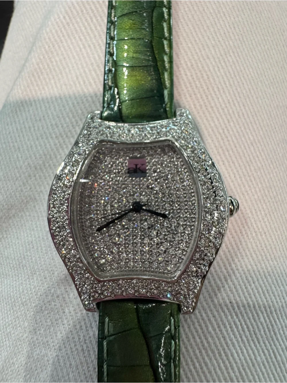 New Vintage Anne Klein Swiss Tonneau Women's Watch with Green Leather Strap